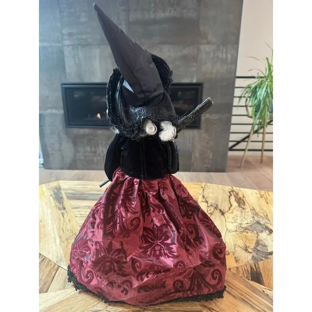 Bella Lux 24” Halloween Witch Doll Shelf Sitter Matilda Burgundy Brocade Broom